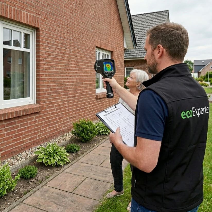 ecoExperten Energieberater bei der Wärmebildaufnahme am Wohngebäude mit Auftraggeberin